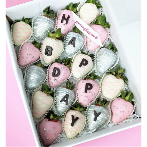 20pcs Pink White & Silver Chocolate Strawberries Gift Box (Custom Wording)